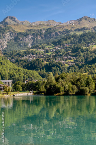Vertical view of Lake Maen with Valtournenche in the background  Italy  in the summer season