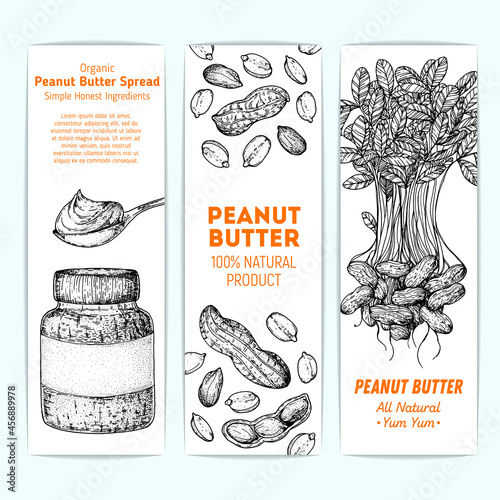 Peanuts and ingredient for peanut butter sketch. Breakfast for energy banner set. Hand drawn vector illustration. Design template. Vegan food. Peanut nut butter set.