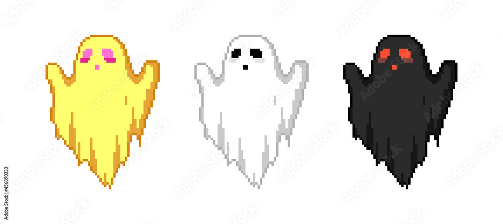 Pixel art colorful ghosts set. Halloween retro 8 bit pixel ghosts and spirits icons. Wraith or specters collection for happy halloween holidays or game assets. Pixel art paranormal ghosts pack.
 - obrazy, fototapety, plakaty 