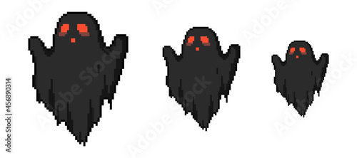 Pixel art black horror ghosts set. Halloween vintage 90s 8 bit pixel ghosts illustration. Vector different sizes pack of dark fun ghosts. 