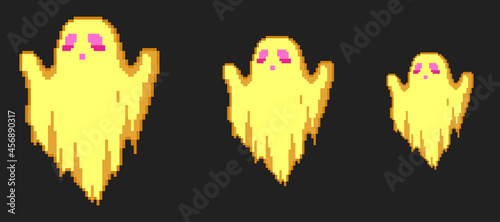 Pixel art gold glowing horror ghosts set. Halloween retro 90s 8 bit pixel spirits pack illustration. Vector different sizes collection.
