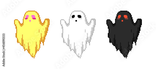 Pixel art colorful ghosts set. Halloween retro 8 bit pixel ghosts and spirits icons. Wraith or specters collection for happy halloween holidays or game assets. Pixel art paranormal ghosts pack.
