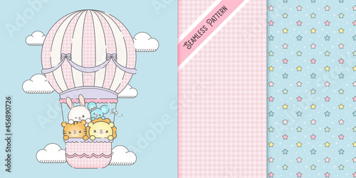 Cute baby animals illustration and two seamless patterns