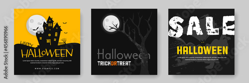 Halloween social media layouts, hanunted house, scary bat, shining moon, instagram and facebook post templates set, creative vector illustration for hallows day