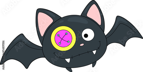 A black bat. With a bright button for an eye. Cute smiling cartoon character with fangs for your Halloween design. Monster. A nocturnal creature. The traditional symbol of Halloween. Vector