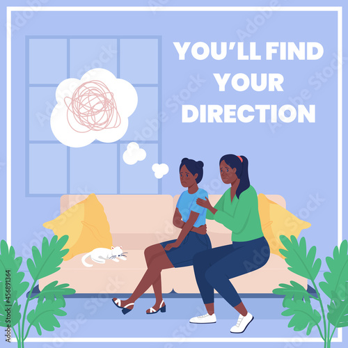 Mother supports teen social media post mockup. You will find your direction phrase. Web banner design template. Help booster, content layout with inscription. Poster, print ads and flat illustration