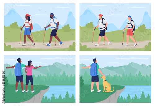 Camping adventure flat color vector illustration set. Couple walking on route. Backpacker with dog. People on trekking trip 2D cartoon characters with landscape on background collection