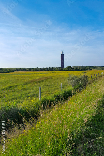 Dune valley with lighthouse of Ouddorp, Netherlands in background