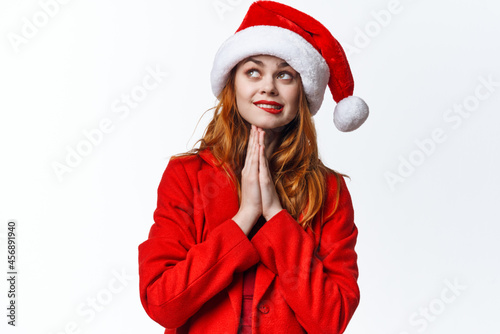 pretty woman in santa costume christmas posing close-up model