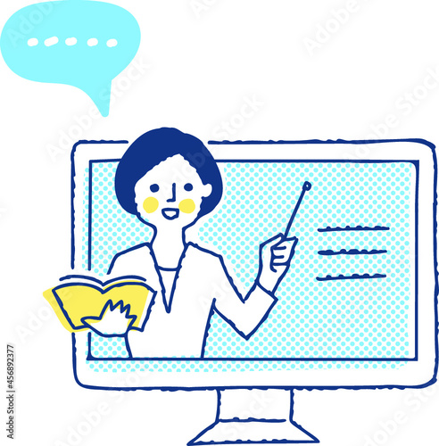 デスクトップパソコンと説明する女性の動画 