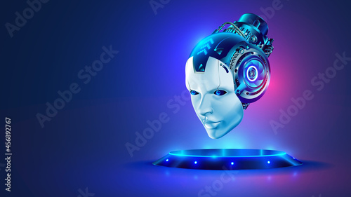 AI or artificial intelligence in image robot head hover over podium in virtual cyberspace. Humanoid face of mechanical cyborg with electronic brain or mind. Neural network or supercomputer on pedestal
