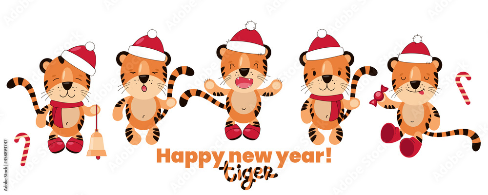 Tigers in the red
Santa Claus hats. Horizontal Christmas banner. Happy New Year. Chinese symbol 2022 new year. Cartoon cute illustration on white background. Tigers in the red
Santa Claus hats. Horizontal Christmas banner. Happy New Year. Chinese symbol 2022 new year. Cartoon cute illustration on white background.