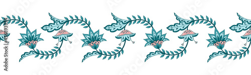 Flower chintz indian pattern seamless vector border. Botanical batik paisley design motif. Horizontal vintage floral ornament print. Ethnic decoration.