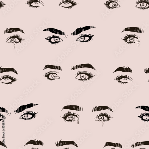 Set of Beautiful female Eyes with long Eyelashes and Brows. Close up emotional fashion look. Hand drawn Vector illustration. Brow bar, beauty salon concept. Square seamless Pattern, background