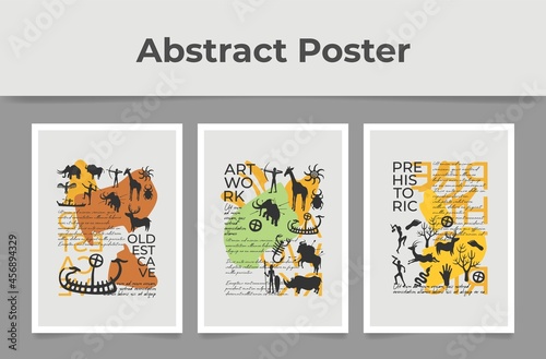 Set of abstract posters with prehistoric ornament vector flat. Collection of art wallpaper decor