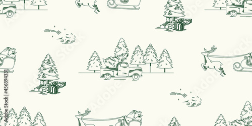 Green toile pattern repeat fabric print sharing the story of a Christmas tree: from the forest, transporting it in the car, to decorating it at home with gifts. Seamless print background design