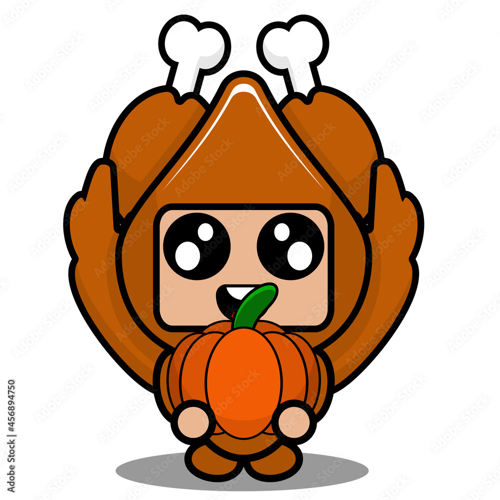 Naklejka premium vector illustration of cute roast chicken meat mascot costume cartoon character holding pumpkin