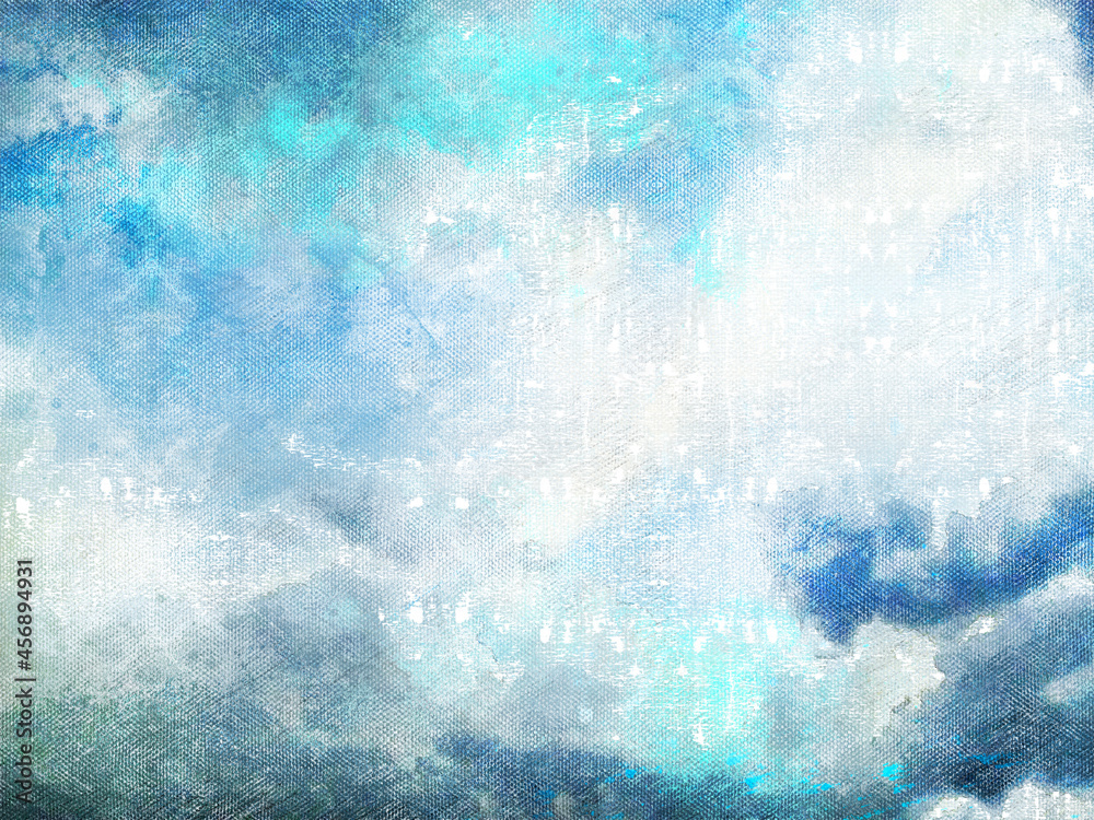 Fototapeta premium Blue and turquoise sky with white clouds. Just the sky. The beauty of nature. Digital watercolor painting.