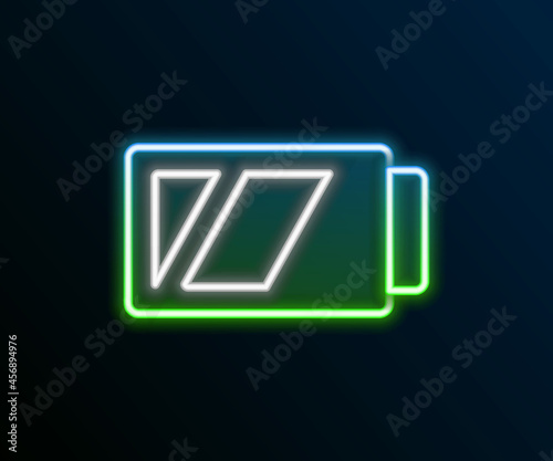 Glowing neon line Battery for camera icon isolated on black background. Lightning bolt symbol. Colorful outline concept. Vector