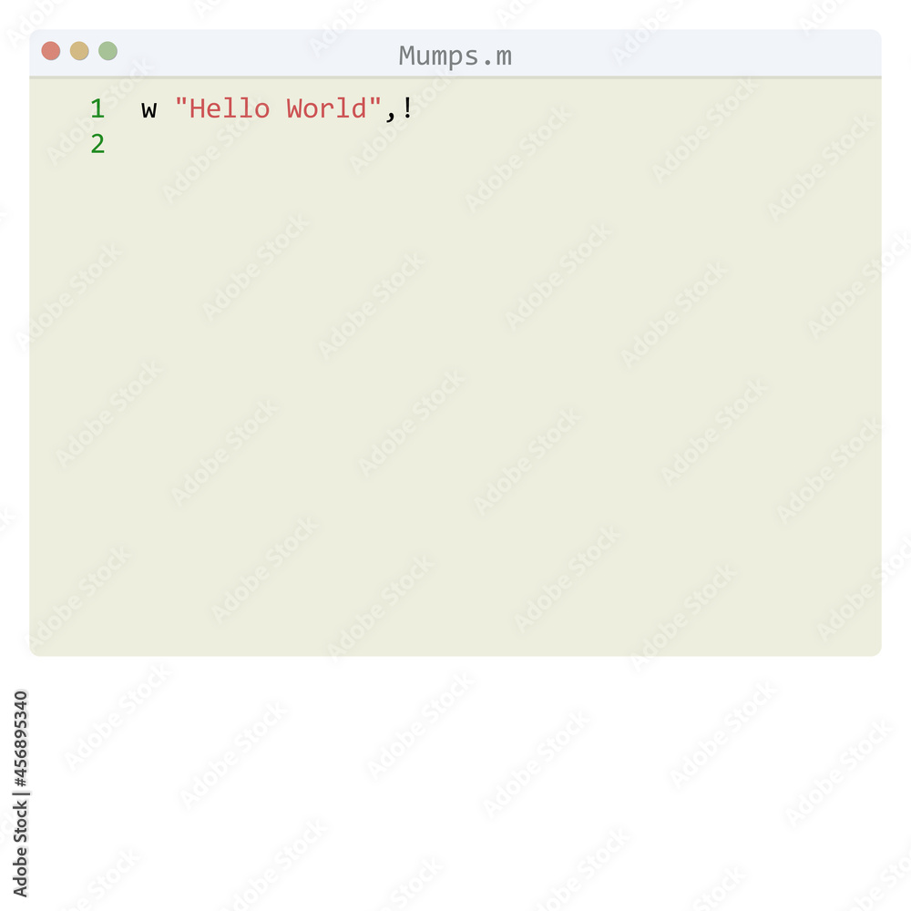 Mumps language Hello World program sample in editor window