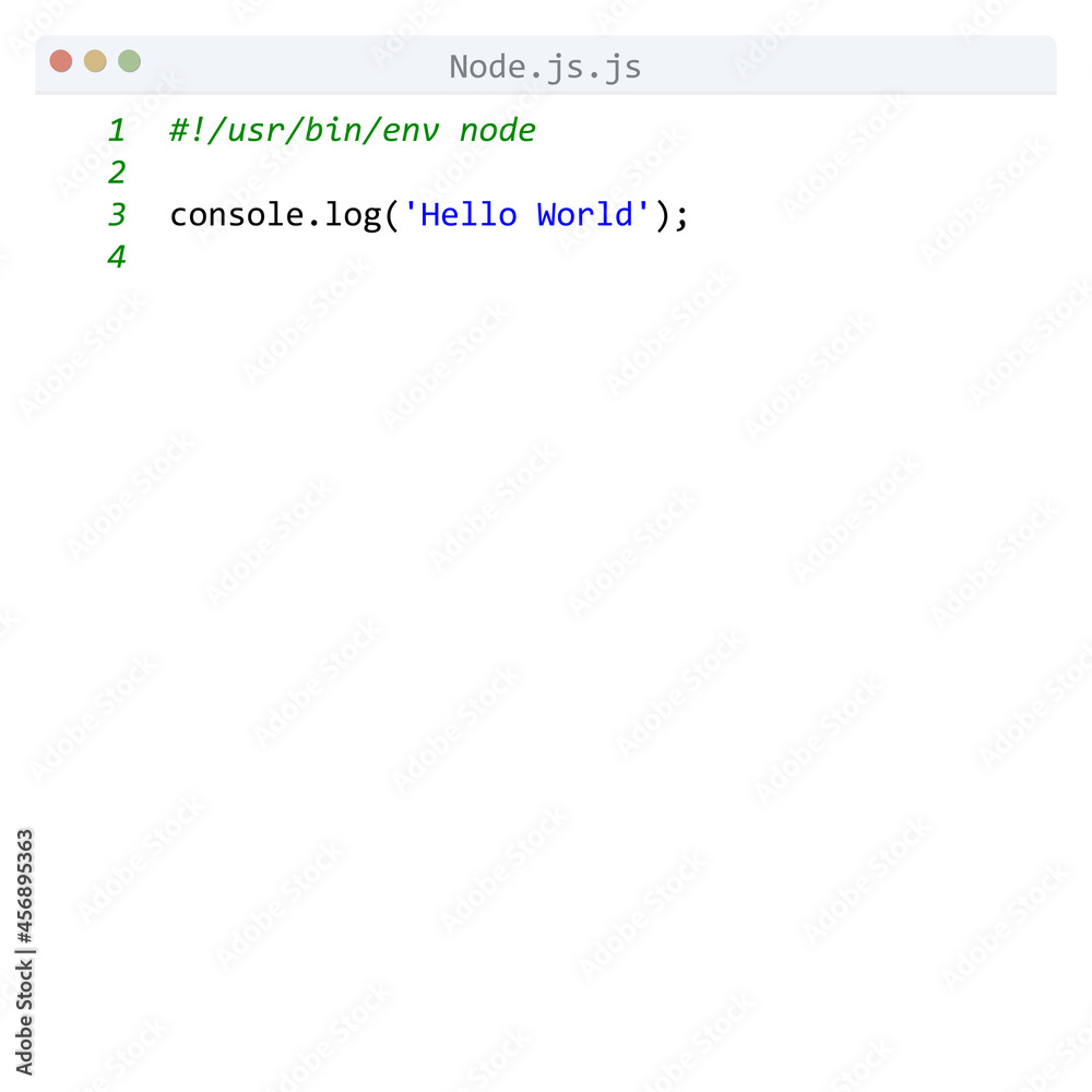 Node.js language Hello World program sample in editor window Node.js language Hello World program sample in editor window
