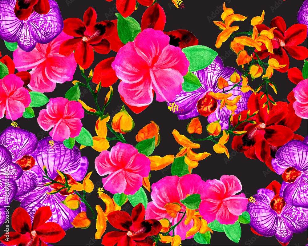 Purple Botanical Print. Pink Orchid Design. Green Hibiscus Painting. Yellow Flower Jungle. Colorful Watercolor Jungle. Red Seamless Decor. Pattern Print. Purple Botanical Print. Pink Orchid Design. Green Hibiscus Painting. Yellow Flower Jungle. Colorful Watercolor Jungle. Red Seamless Decor. Pattern Print.