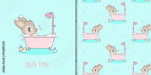 Cute deer taking a bath illustration and seamless pattern