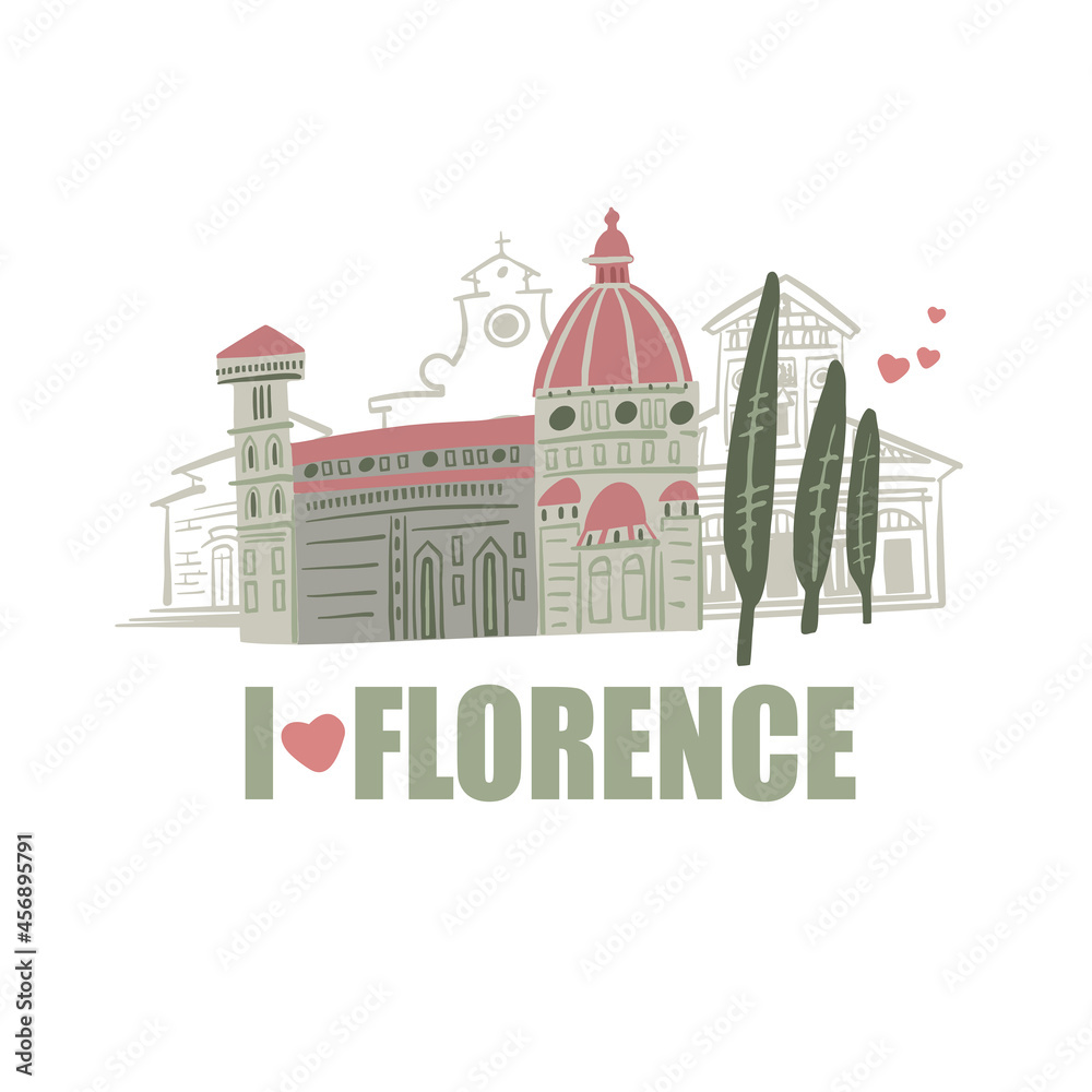 Florence poster with landmarks icons. Cartoon doodle art card for print. Traditional symbols, buildings full color cartoon vector illustration.