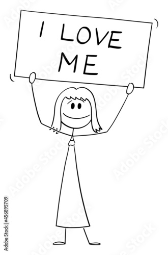 Woman Holding I Love Me Sign, Self-Love or Selflove Concept , Vector Cartoon Stick Figure Illustration