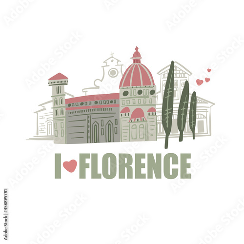 Florence poster with landmarks icons. Cartoon doodle art card for print. Traditional symbols  buildings full color cartoon vector illustration.