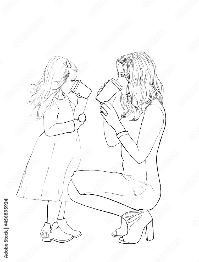 Young mother and little daughter drink from large glasses. The mother sat down next to her daughter. Woman and girl in dresses. Sketch
