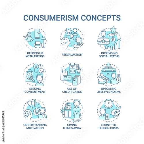 Consumerism blue concept icons set. Mindless purchasing. Reasons to buy more. Spend money. Excessive buying idea thin line color illustrations. Vector isolated outline drawings. Editable stroke