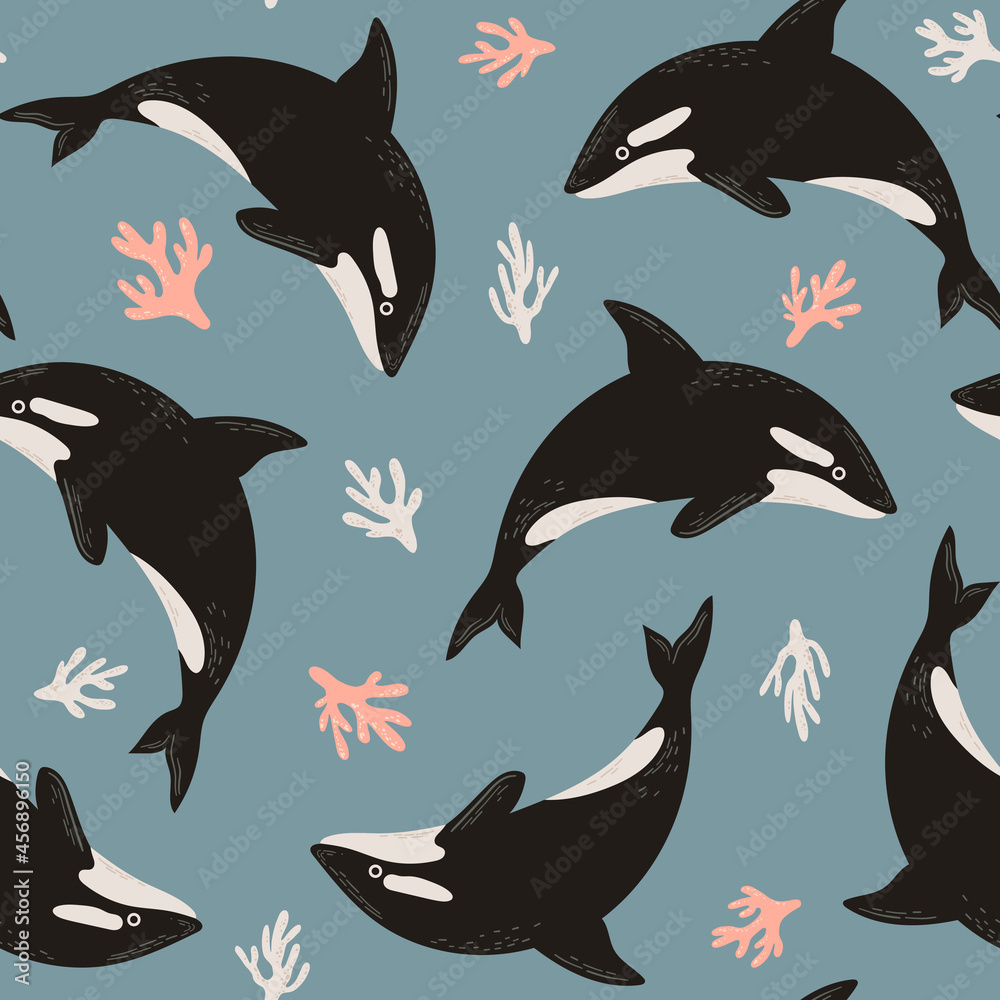 Obraz premium Seamless cute pattern orca or killer whale and corals. Undersea illustration for kids design, fabric, textile