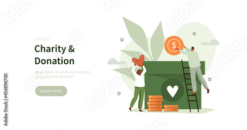 People characters donating money for charity. Volunteers collecting and putting coins in donation box. Charity financial support and fundraising concept. Flat cartoon vector illustration isolated.
 photo
