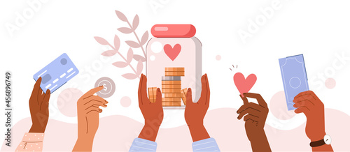 People hands holding donation jar with coins and donating money for charity. Volunteers collecting charitable donations. Charity financial support concept. Flat cartoon vector illustration.
