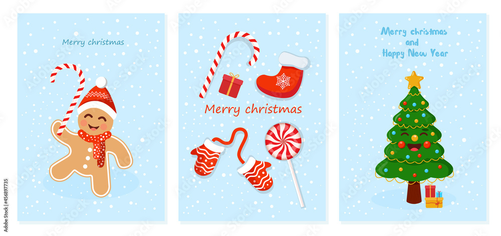 Set of Christmas and New Year cards with a gingerbread man, a tree, mittens, socks and candies. Illustration for a Christmas card. Text can be added and replaced