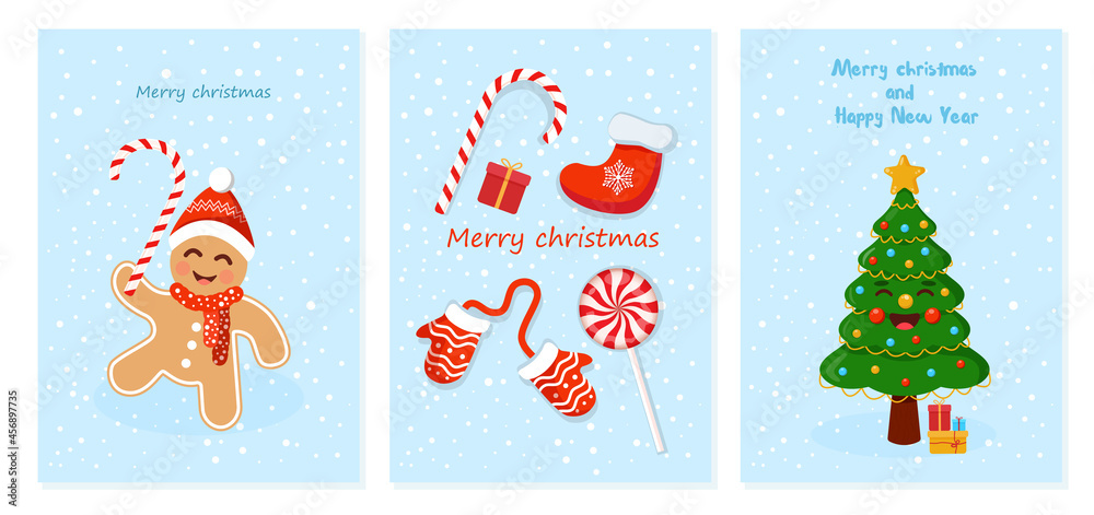Fototapeta premium Set of Christmas and New Year cards with a gingerbread man, a tree, mittens, socks and candies. Illustration for a Christmas card. Text can be added and replaced