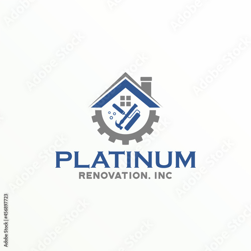 Unique House roof with Hammer, Gear, and Painting equipment  image graphic icon design abstract logo vector stock. Can be used as a symbol related to property or renovation