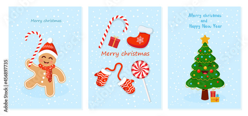 Set of Christmas and New Year cards with a gingerbread man, a tree, mittens, socks and candies. Illustration for a Christmas card. Text can be added and replaced