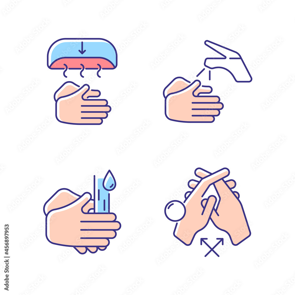 Proper handwashing RGB color icons set. Hand-drying method. Wetting hands with water. Rub palms together. Interlink fingers. Isolated vector illustrations. Simple filled line drawings collection Proper handwashing RGB color icons set. Hand-drying method. Wetting hands with water. Rub palms together. Interlink fingers. Isolated vector illustrations. Simple filled line drawings collection