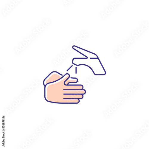 Wetting hands with water RGB color icon. Good hygiene practice. Using clean, warm water. Proper handwashing. Rinse hands under bathroom tap. Isolated vector illustration. Simple filled line drawing