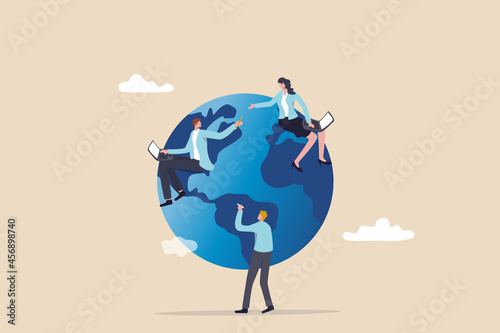 Work from anywhere around the world, remote working or freelance, international company or global business concept, business people sitting around world map on globe working with online computer. #456898740