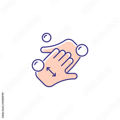 Cup fingers RGB color icon. Cleaning hands and nails with soap. Handwashing technique. Wipe off dirt under fingernails. Protection from germs. Isolated vector illustration. Simple filled line drawing