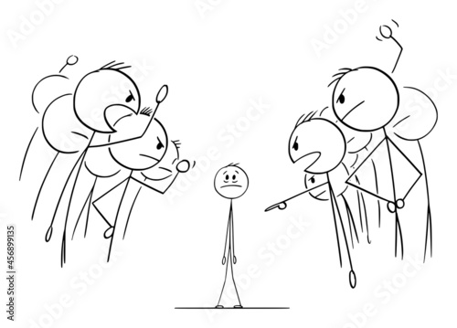 Crowd or People or Colleagues Is Blaming Guilty Person , Vector Cartoon Stick Figure Illustration