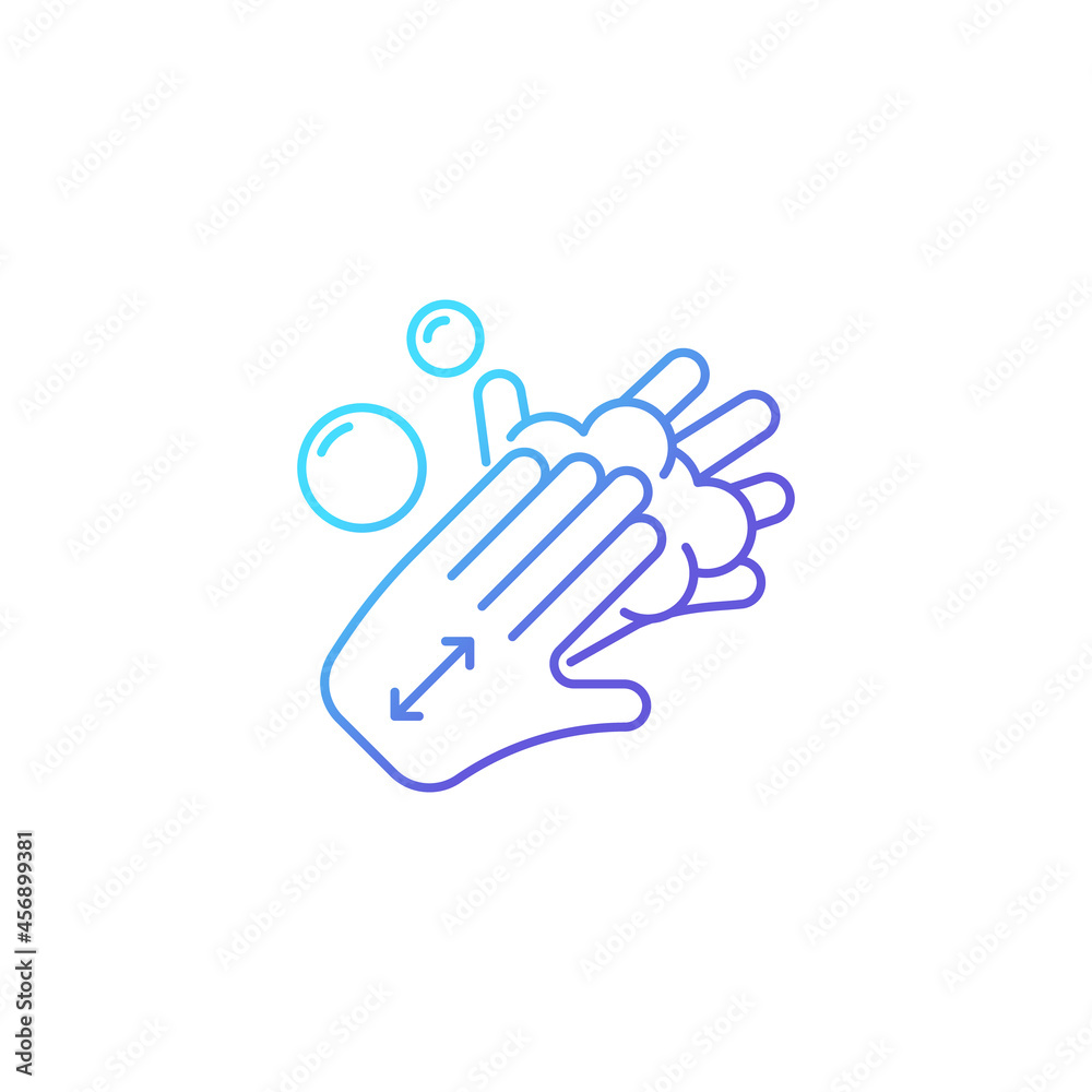 Lathering back of hands gradient linear vector icon. Rubbing hands together with soap. Proper handwashing step. Thin line color symbol. Modern style pictogram. Vector isolated outline drawing Lathering back of hands gradient linear vector icon. Rubbing hands together with soap. Proper handwashing step. Thin line color symbol. Modern style pictogram. Vector isolated outline drawing
