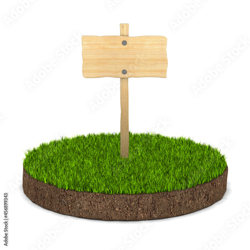 wooden banner and round soil ground with green grass on white background. Iso...
