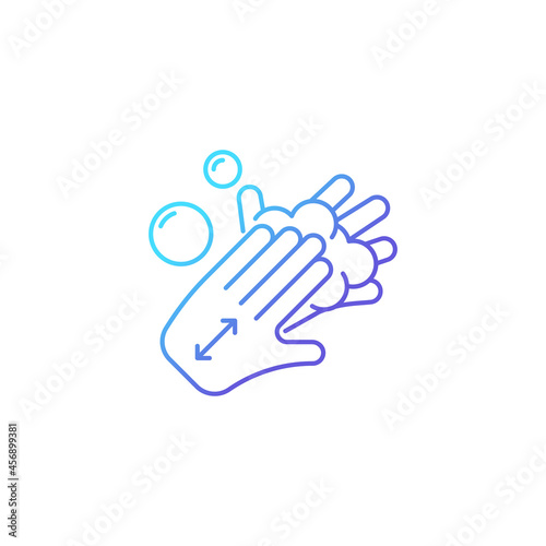 Lathering back of hands gradient linear vector icon. Rubbing hands together with soap. Proper handwashing step. Thin line color symbol. Modern style pictogram. Vector isolated outline drawing