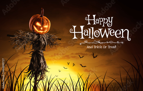 Vector illustration of Halloween pumpkin scarecrow on a wide field with the moon on a scary night