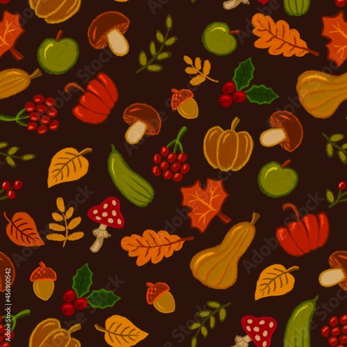 Seamless background with autumn leaves, mushrooms, fruits, pampkins, berries, apples. Digital art. 2021.