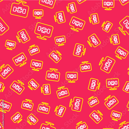 Line Skateboard wheel icon isolated seamless pattern on red background. Skateboard suspension. Skate wheel. Vector
